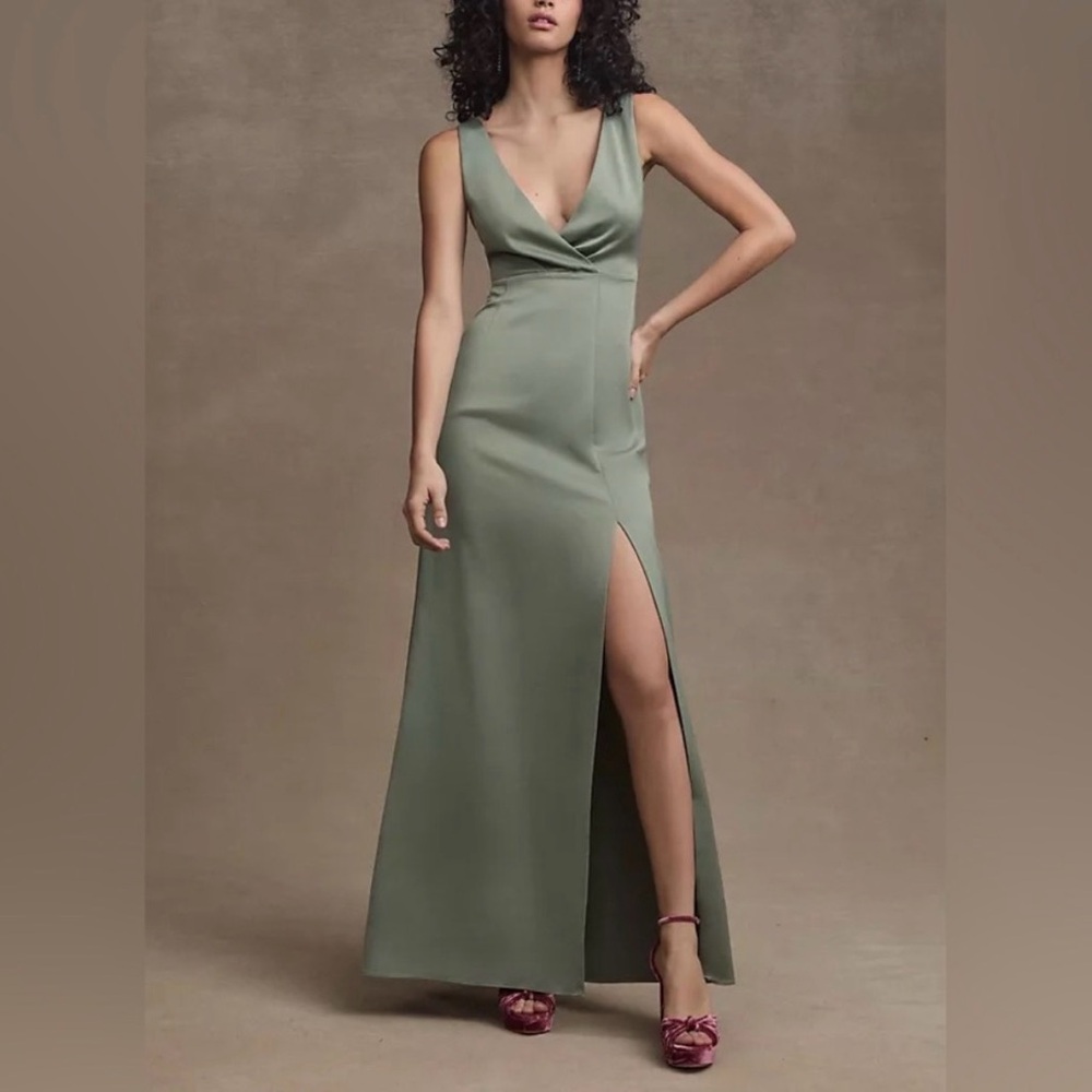 BHLDN Anthropologie Piper V-Neck Side Slit Satin Maxi Dress - NWT - Size 12
